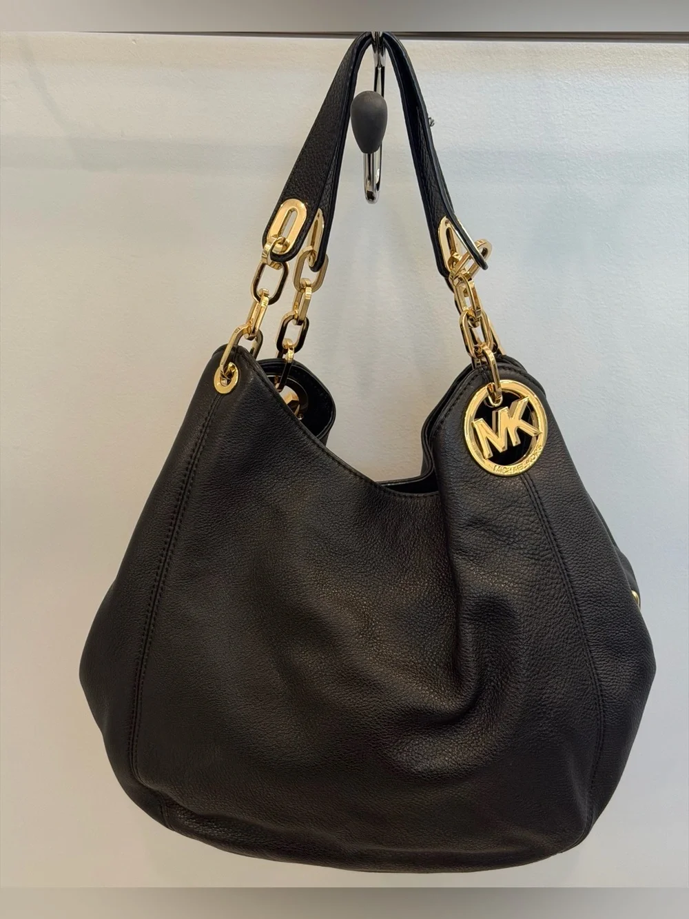 Michael Kors Black Leather Shoulder Hobo with Gold Chain Trim